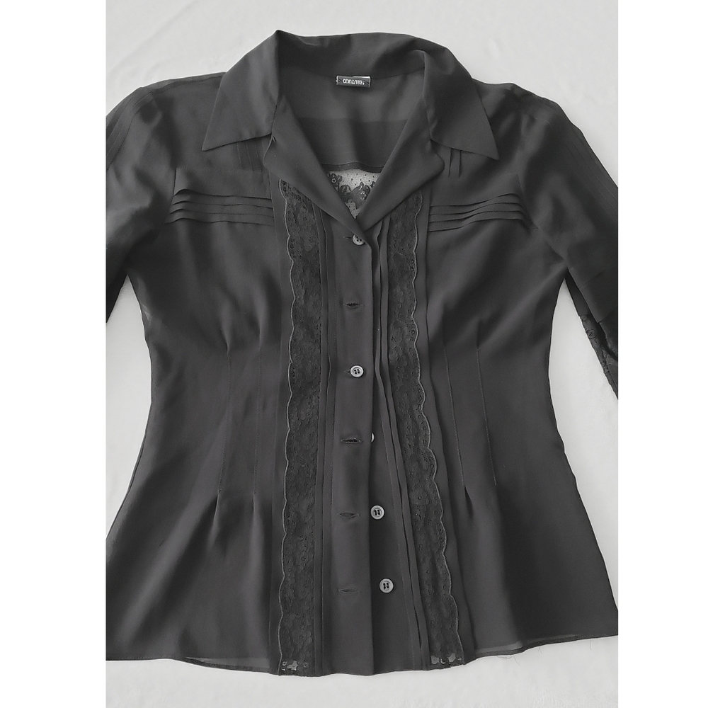 MOSCHINO COUTURE #vintage black pintuck silk lace inlay button blouse 8 - Picture 2 of 9